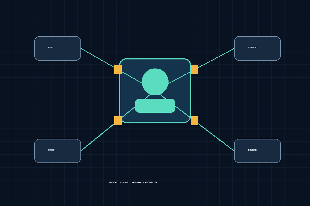 Access-control diagram connecting one worker identity to separate read, draft, approve, and execute permissions