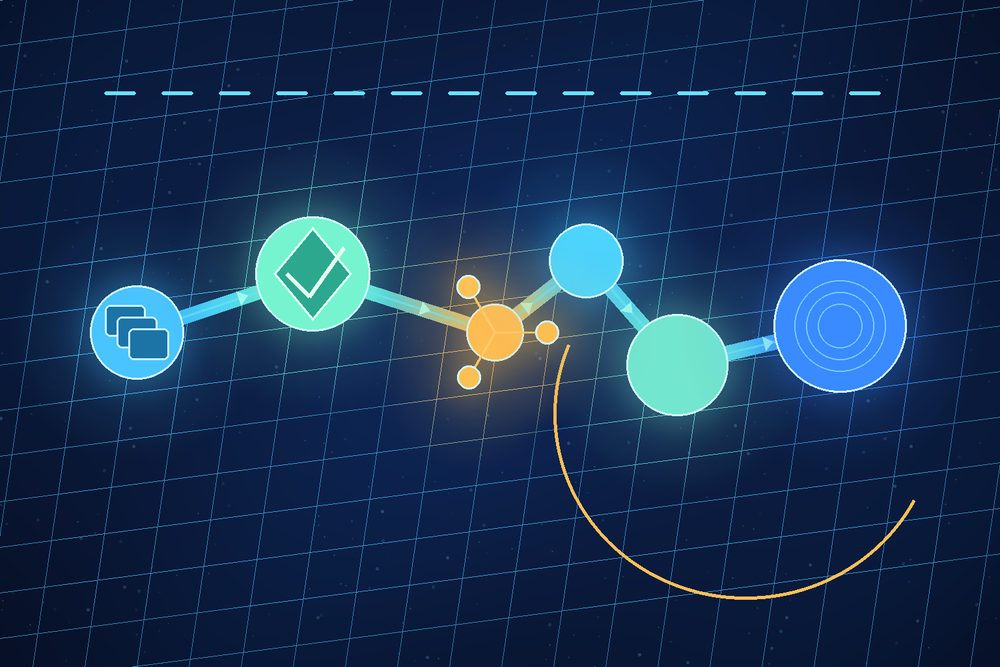 Landscape illustration of a controlled AI agent release moving through version review, approval, canary rollout, monitored production, and a rollback path