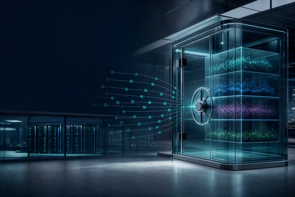Glass data vault with agent workflow signals entering classified privacy zones