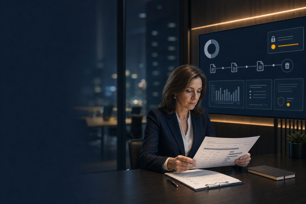 A privacy and operations leader reviews a data retention schedule and deletion verification checklist beside an abstract lifecycle dashboard with a legal-hold indicator