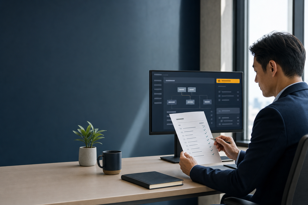 An operations lead reviews an AI agent deployment checklist beside an abstract workflow dashboard with an amber rollback-status indicator