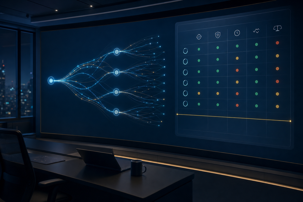 A dark operations room with an AI-agent workflow flowing into a scorecard of green, amber, and red evaluation indicators