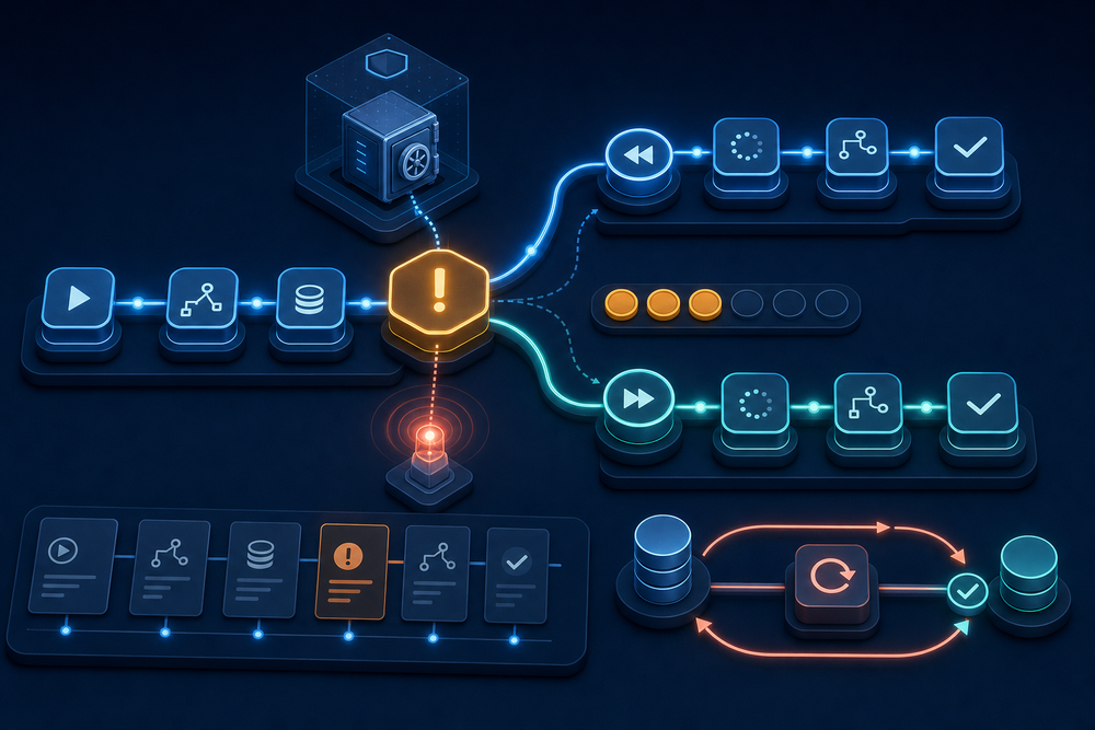 AI agent incident recovery system branching from a failed step to rollback and roll-forward paths