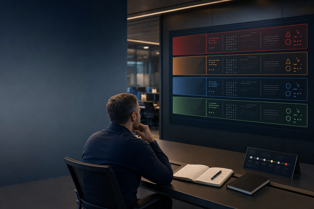 An incident owner reviews an abstract four-level AI agent severity dashboard with color-coded impact bands and an evidence timeline in an operations room