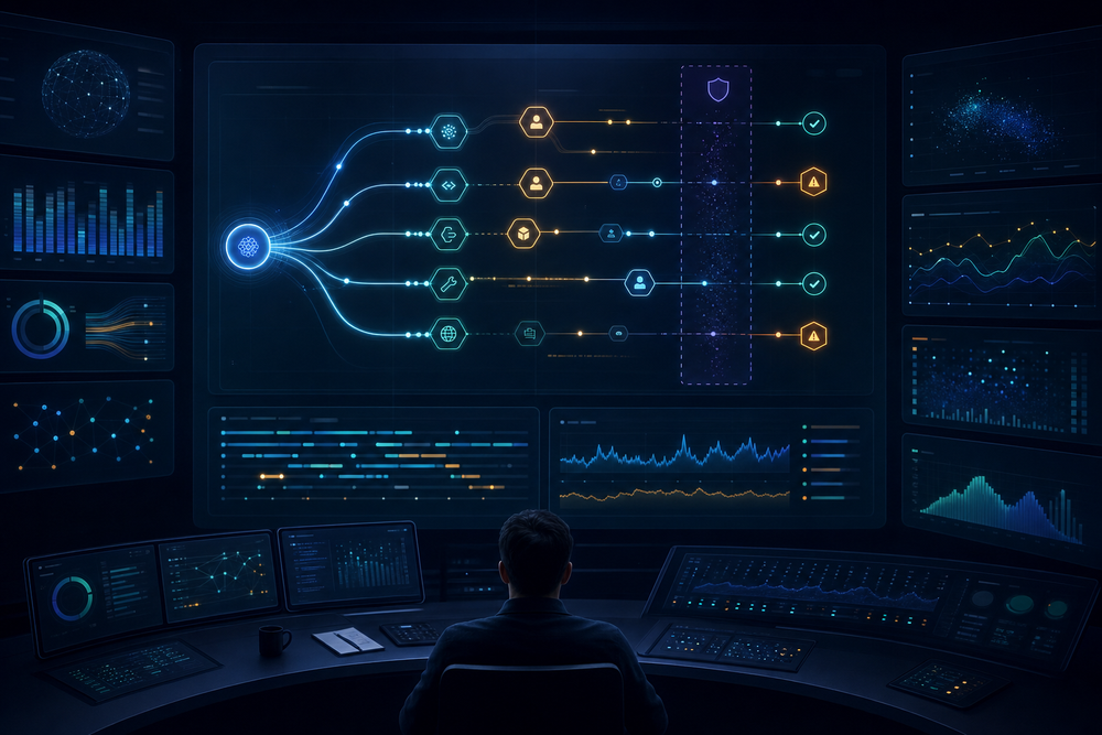 AI agent observability traces connecting model calls, tool actions, evaluations, cost metrics, and alerts
