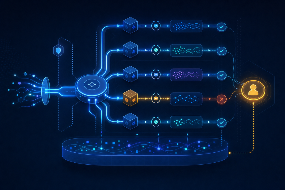 Diagram of coordinated AI work with routing, handoffs, human approval, and failure isolation