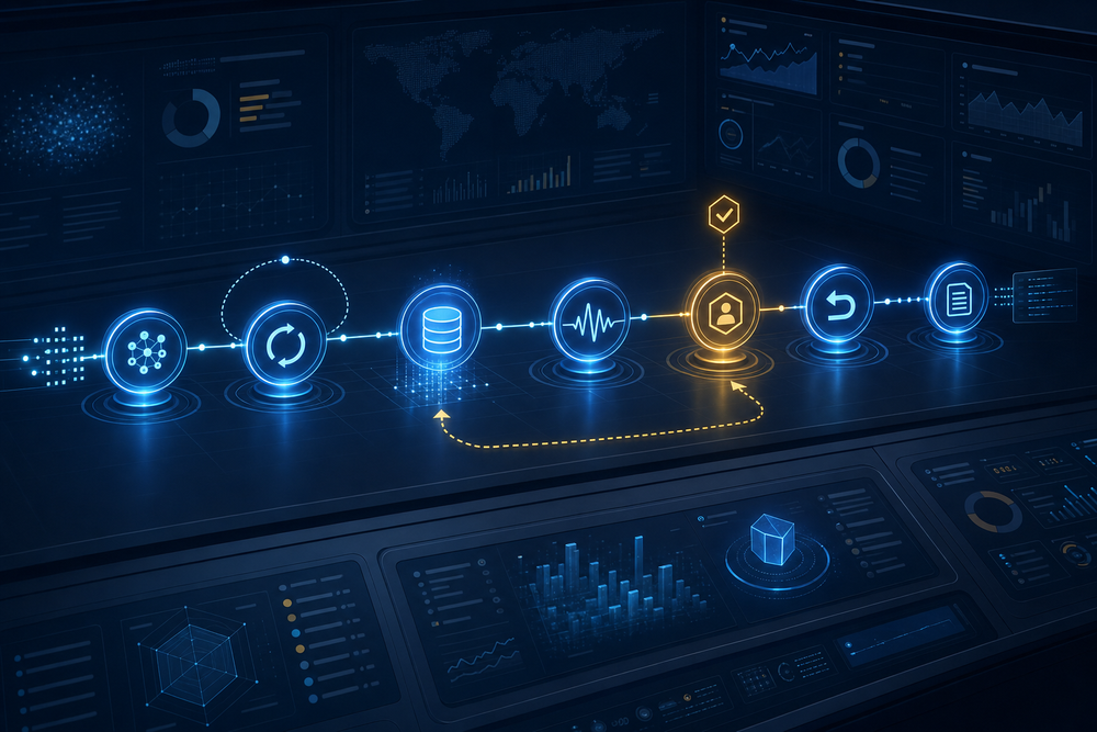 AI agent reliability control room showing retry, durable state, monitoring, human approval, rollback, and audit checkpoints