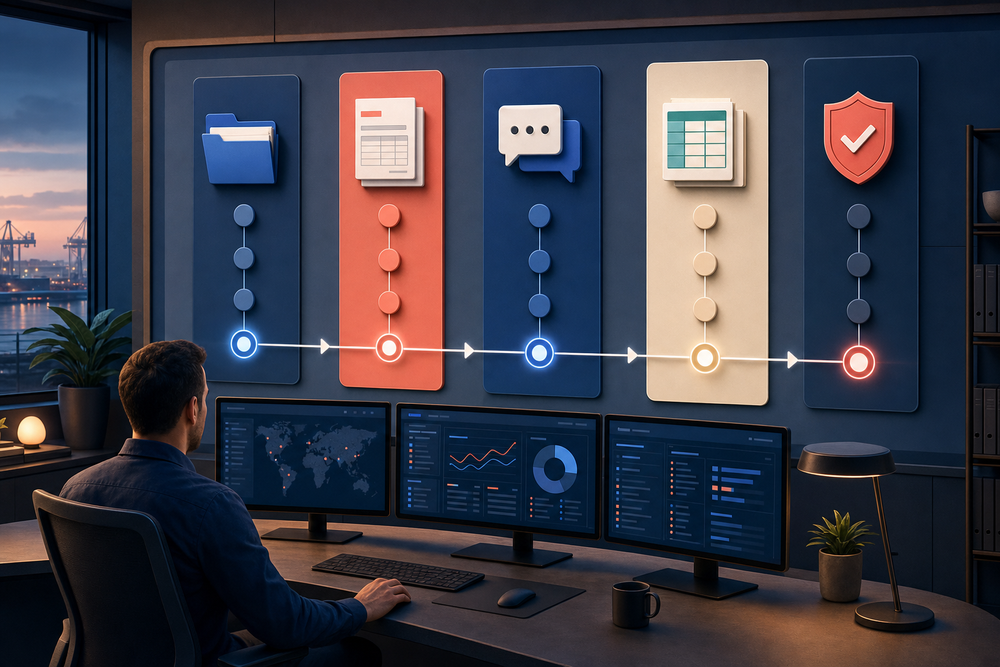Operations manager reviewing five connected workflow lanes for documents, messages, spreadsheets, approvals, and controlled actions