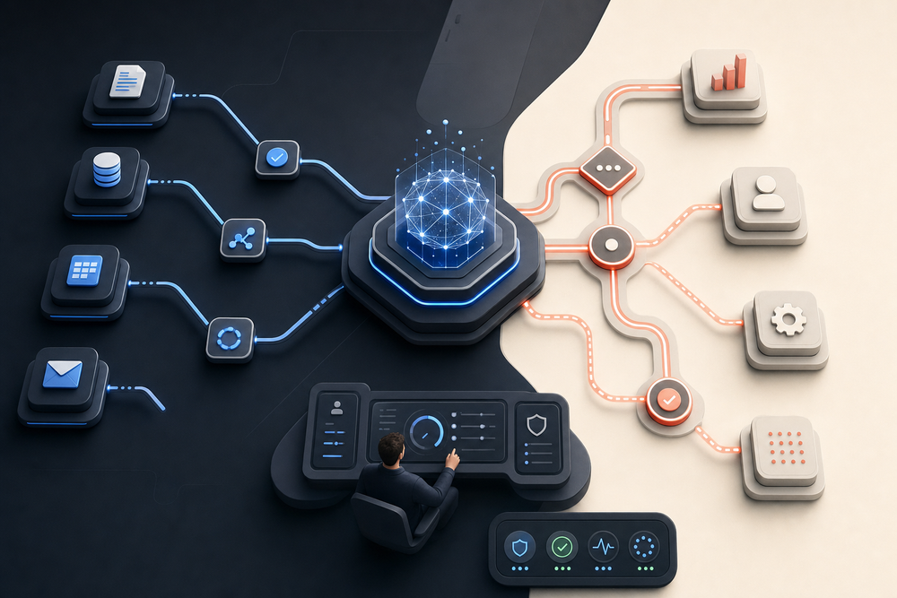 AI workflow automation platform orchestrating connected tools with human oversight