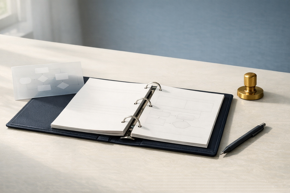 An open workflow documentation binder with a process diagram, approval stamp, and pen on a desk