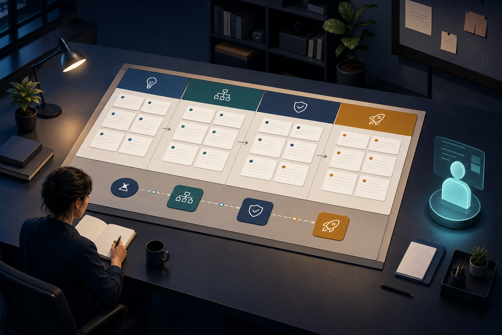 A responsible human reviews a four-stage workflow rollout board beside a digital worker interface