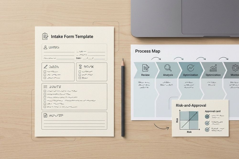 Top-down workflow intake worksheet with process map, risk review, and approval card on an operations desk