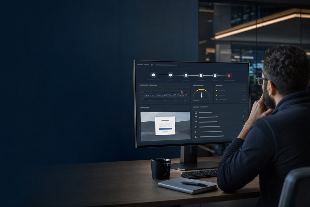 An operations engineer reviews an abstract browser journey monitoring dashboard with a failure alert, evidence card, and on-call checklist