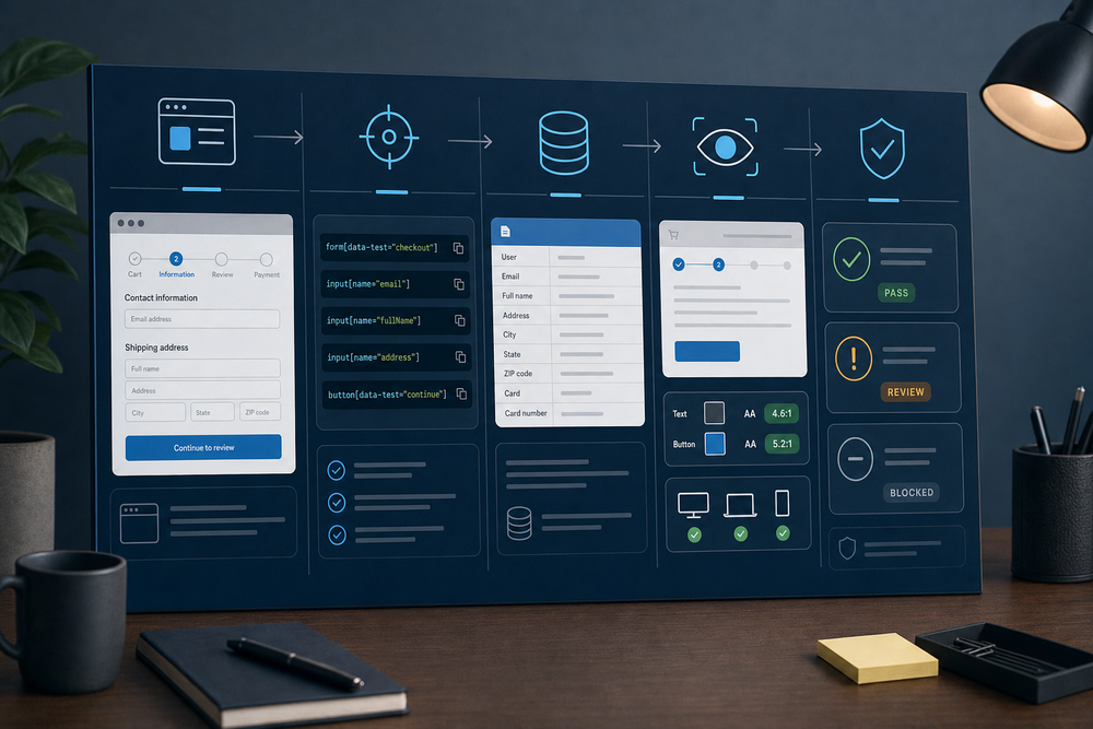 Landscape QA planning board showing a browser checkout, stable selectors, test data, visual checks, and release decisions