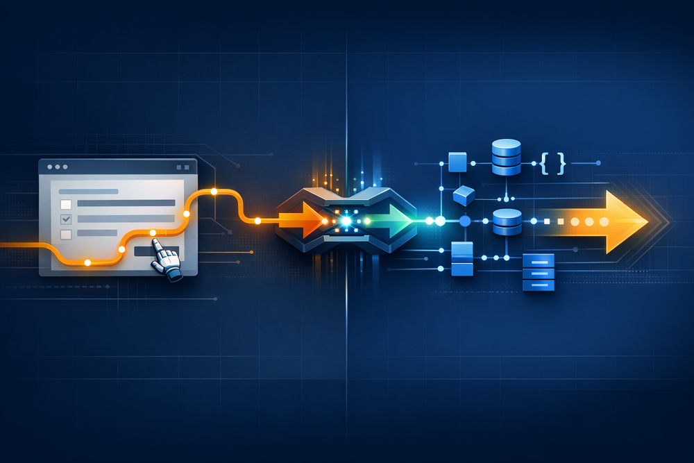 Browser automation and API integration paths joining through a governed hybrid router