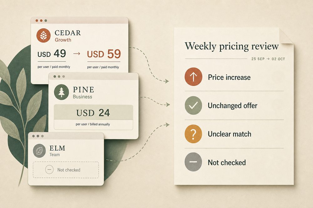Illustrated Cedar and Pine pricing cards and an Elm page not checked beside a weekly digest with price increase, unchanged offer, unclear match and not checked states