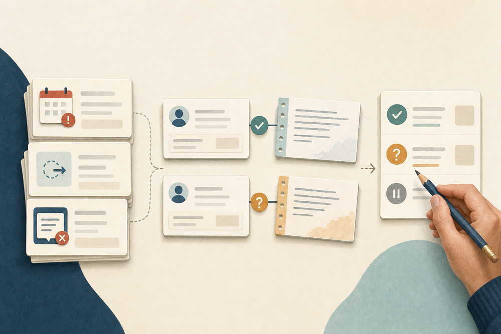 CRM opportunity records and dated meeting notes compared into a cleanup queue with confirmed, unresolved and not-checked items awaiting an owner’s decision.