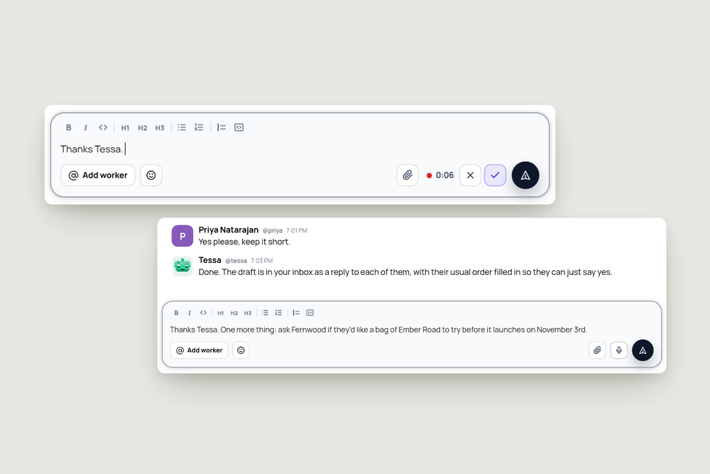 A Midpoint message box recording a dictation, with a red dot and a 0:06 clock, above a conversation with the worker Tessa where the spoken sentence has landed after "Thanks Tessa."