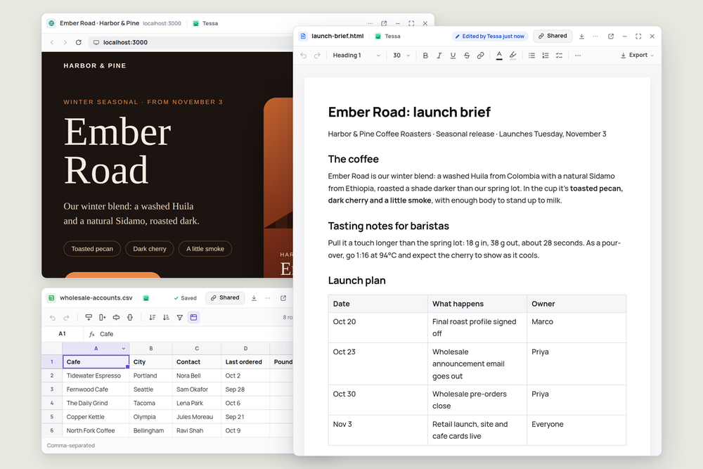 Three Midpoint windows open side by side: a coffee roaster's live landing page, a spreadsheet of wholesale cafes, and a launch brief marked "Edited by Tessa just now".