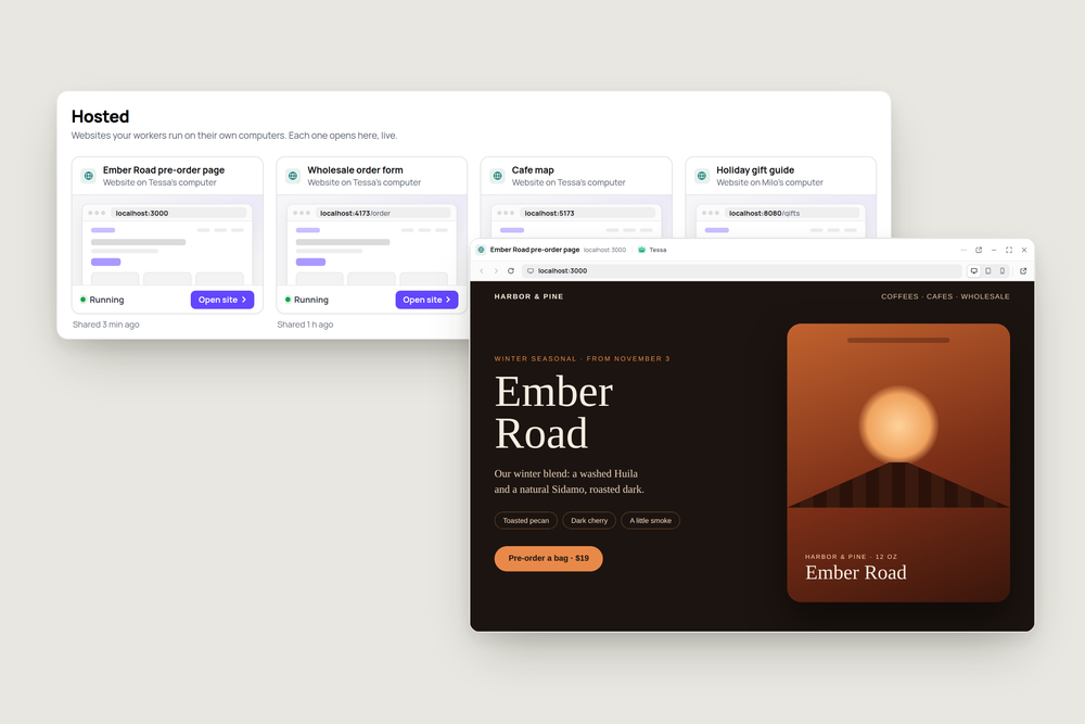 The Hosted page in Midpoint listing sites from the workers Tessa and Milo, with the Ember Road pre-order page open in front of it in a window.