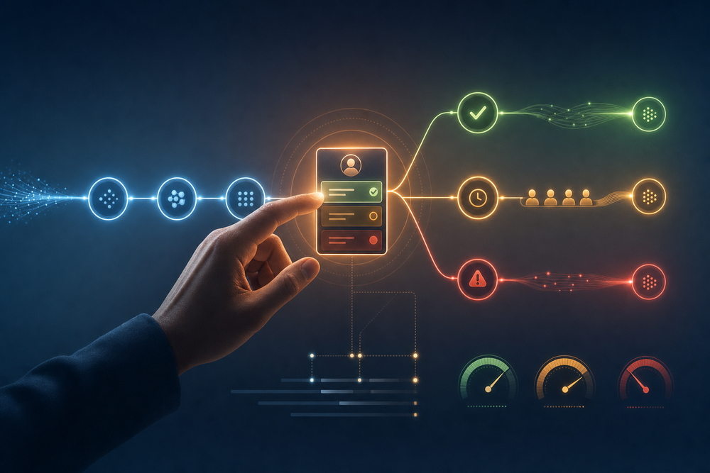 Human approval checkpoint routing an AI workflow into approved, review, and escalation paths