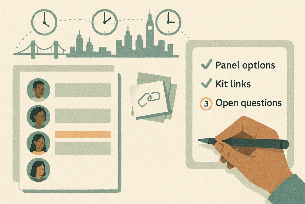 Three symbolic city clocks, an interviewer agenda and kit links beside a recruiter’s review card with two checked items and three open questions