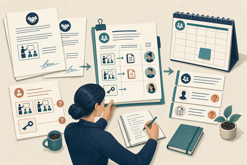 An implementation lead compares signed scope with sales notes and prepares an onboarding brief with unanswered questions still marked.